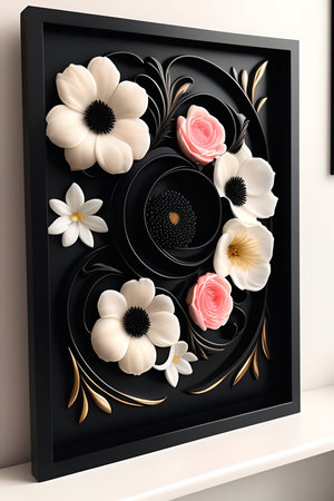 Stunning 3D floral artwork in black frame. Elegant roses and anemones.