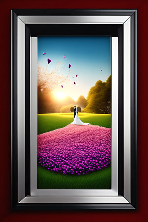 A framed image depicting a bride and groom standing on a field of flowers, with hearts floating in the sky. A symbol of love and commitment.の写真素材