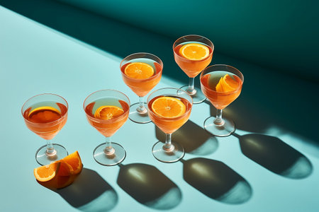 Five glasses of cocktail garnished with orange slices. Shadows are cast on a teal background.