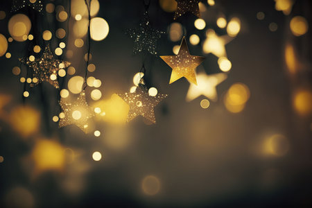 A magical night scene with glittering golden stars and warm lights creating a festive and dreamy atmosphere.の写真素材