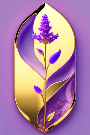 A digital artwork showcasing a single lavender flower in a unique golden frame. Purple and gold colors create an elegant and luxurious aesthetic.の写真素材