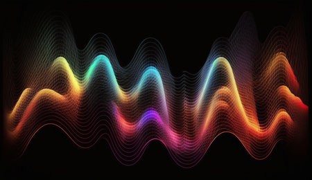 Dynamic abstract artwork featuring vibrant, colorful waveforms against a dark background. A visual...