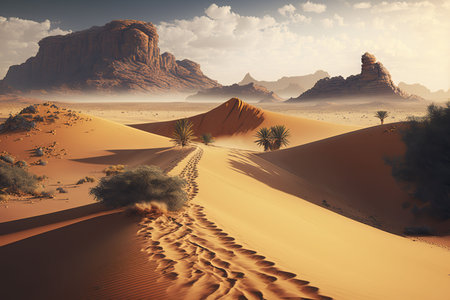 Golden sunset casts shadows across the Arabian desert, footprints mark a path through the dunes towards distant mountains. Peaceful scene.の写真素材