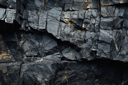 Close-up view of dark gray and black rocks. Rough texture, jagged edges. Natural rock formation.