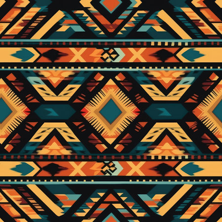 A vibrant and detailed geometric ethnic textile pattern featuring various shapes and colors. Perfect...