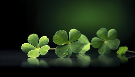 Three vibrant green clover leaves with water droplets, reflected on a dark surface. And serene, lush image.の写真素材