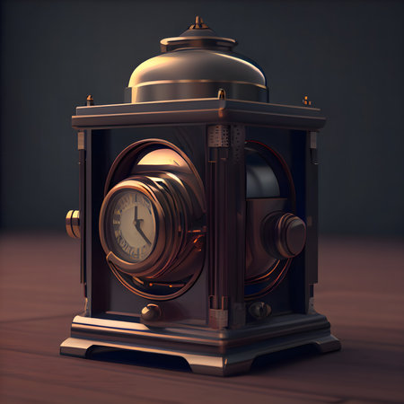 An intricately steampunk clock, a bronze masterpiece of time, showcased in a detailed 3D render.