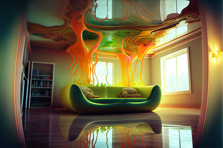 A digital painting of a surreal living room with a melting ceiling and fluid forms, showcasing...