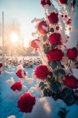 Stunning red roses covered in fresh snow, bathed in the warm glow of sunrise. A beautiful winter scene.の写真素材