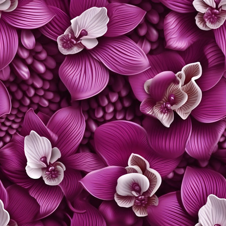 Stunning close-up of vibrant purple orchids. Rich colors and intricate details. Perfect for floral designs and backgrounds.の写真素材