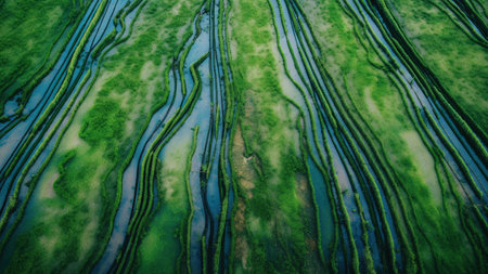Stunning aerial shot of vibrant green rice paddies. The intricate lines of the terraces create a captivating pattern.の写真素材