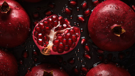 Close-up of pomegranates, glistening with water droplets, against a dark background. A vibrant and rich still life.の写真素材