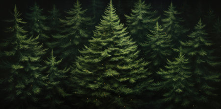 Dark, serene forest at night. Tall evergreens create a mysterious and peaceful atmosphere.の写真素材