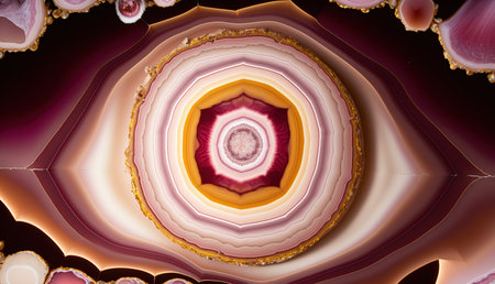 Close-up view of a stunning agate slice intricately revealing concentric patterns and vibrant...