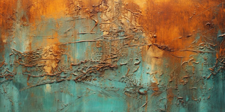 An abstract artwork featuring teal and rust colors with a heavily textured surface. The painting...
