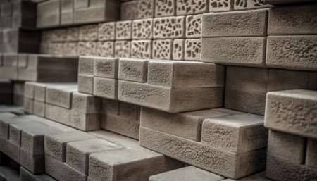 Close-up view of various beige bricks stacked and arranged in an abstract composition, showing their...