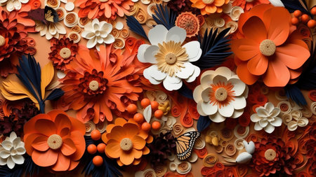 A stunning close-up of a meticulously crafted paper flower arrangement in warm autumnal tones. The...