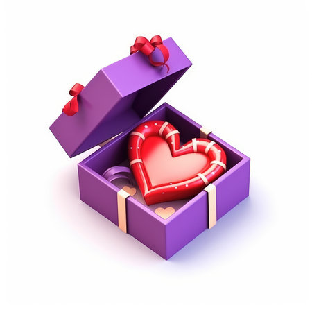 A vibrant red heart rests inside a charming purple gift box, beautifully adorned with ribbons. A perfect symbol of Valentine's Day or romantic gesture.の写真素材