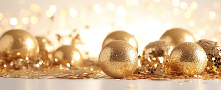 A sparkling display of golden Christmas ornaments and glitter. Perfect for holiday greetings.の写真素材