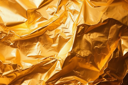 Close-up of crumpled gold foil, showing its texture and reflective qualities. A luxurious and abstract image.の写真素材