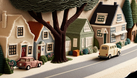 A delightful crochet artwork depicting a charming suburban street scene with miniature houses, cars, and a tree. The intricate details showcase artistic skill.の写真素材