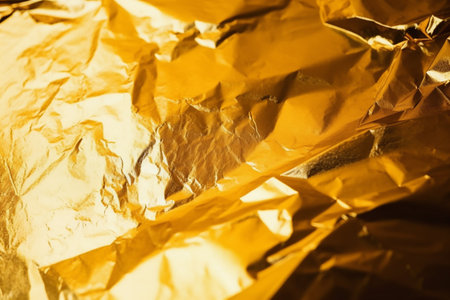 Close-up view of crumpled gold foil, showing its rich texture and metallic shine. A luxurious and abstract background.の写真素材