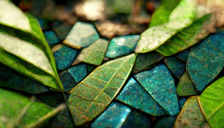 Close-up of a vibrant mosaic crafted from leaves, showing a mesmerizing blend of green and teal...