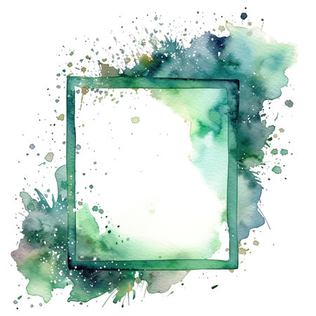 Watercolor painting of an abstract frame with green hues and splashes. Perfect for design or background.の写真素材