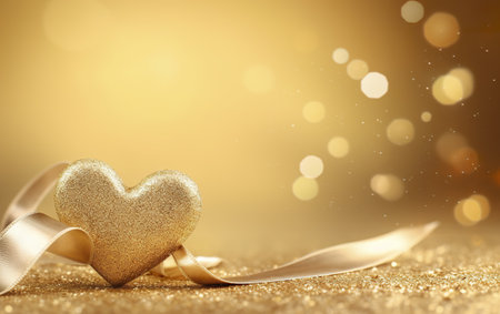 A golden heart rests on a bed of glitter, adorned with a satin ribbon. Perfect for Valentine's Day or romantic occasions.の写真素材