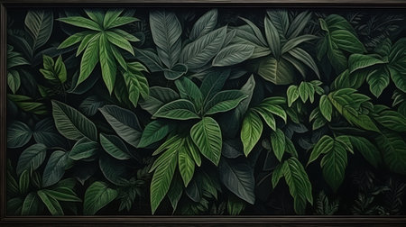 Image of dense, dark green tropical foliage. A lush and vibrant display of leaves and plants.