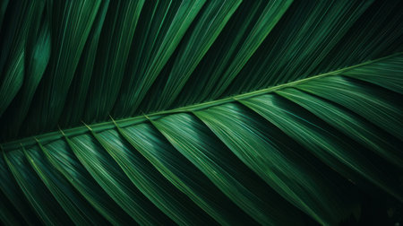 Close-up of a lush green tropical leaf. The image showcases the intricate detail and texture of the...