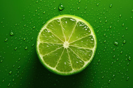 Close-up of a lime slice on a vibrant green background with water droplets. Refreshing and zesty!