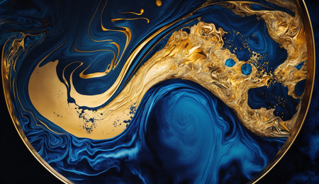 A mesmerizing image of swirling gold and blue abstract paint creating a luxurious marble effect. Perfect as a background.の写真素材