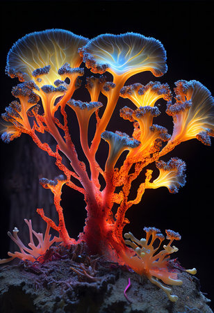 Stunning underwater coral reef glowing in vibrant colors. Ocean life illuminated.