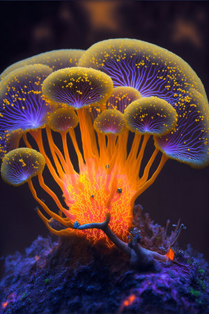 Glowing underwater fungi cluster. Vibrant colors, magical atmosphere.