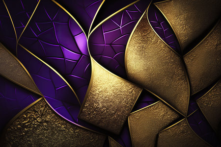 Abstract image showing a luxurious interplay of gold and purple metallic textures. A sophisticated design ideal for backgrounds.の写真素材