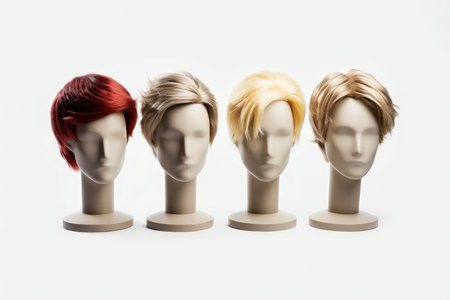 Four mannequin heads showcasing different wig colors and styles: blonde, light brown, dark brown and red. Ideal for fashion or beauty related content.の写真素材