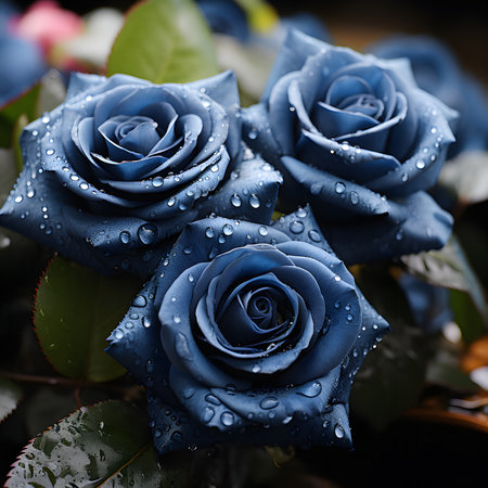 Close-up of three stunning blue roses adorned with glistening dew drops.の写真素材