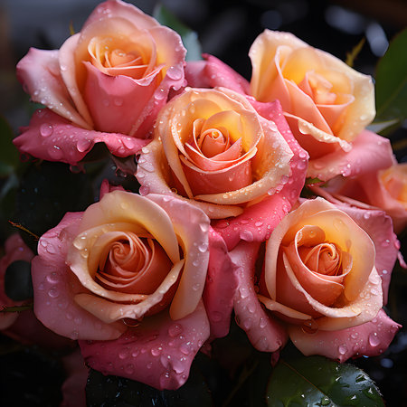 Close-up view of a beautiful bouquet of roses with water droplets.の写真素材