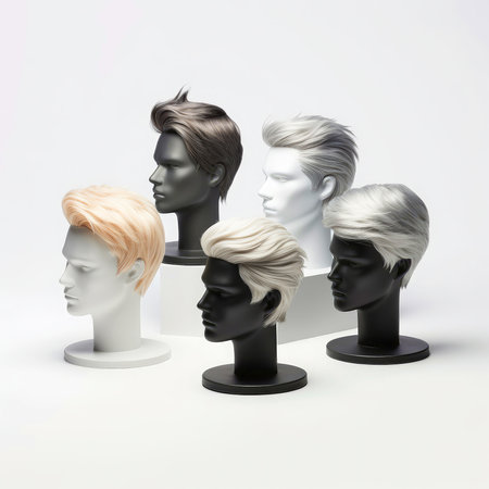 Five mannequins showcase various hairstyles. Modern and stylish hair colors and cuts.の写真素材