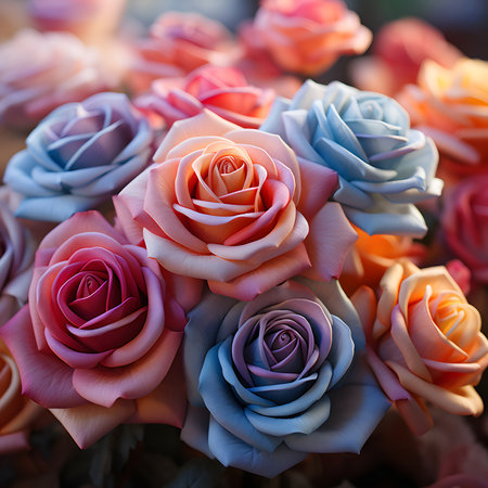 Close-up view of a stunning bouquet of pastel-colored roses. The soft hues and delicate petals create a romantic and serene atmosphere.の写真素材