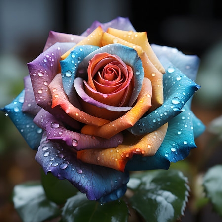 A close-up shot of a vibrant rainbow rose, glistening with water droplets. Its many colors create a mesmerizing display of nature's artistry.の写真素材