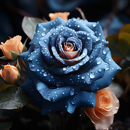 A captivating close-up of a deep blue rose, adorned with glistening dewdrops. Peach-colored rosebuds surround the main bloom, creating a stunning contrast.の写真素材