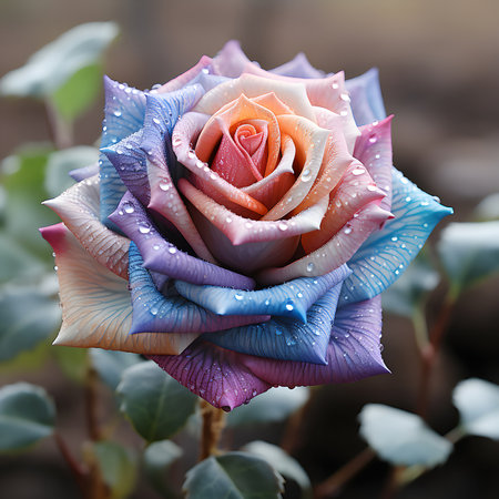 A mesmerizing close-up of a rainbow rose, showing its vibrant petals and delicate water droplets. The image captures the beauty of nature.の写真素材