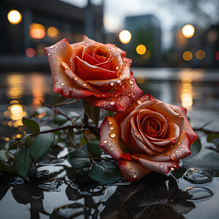 Two orange roses on wet ground reflecting in the city at night.