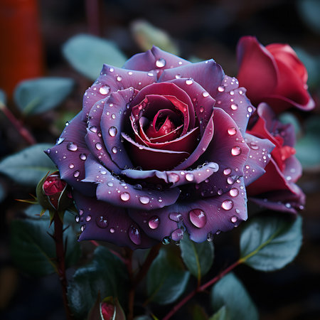 A captivating close-up of a dark rose, glistening with dew drops. The rich colors and intricate details showcase the flower's beauty.の写真素材