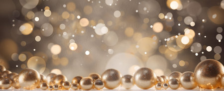 Golden Christmas ornaments against a blurred bokeh background. Perfect for festive designs.の写真素材