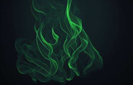 Abstract digital art featuring green smoke-like waves. Dark background emphasizes glowing swirls.の写真素材