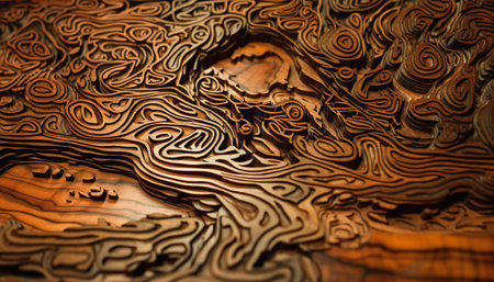 Close-up view of a meticulously carved wooden piece resembling a topographical map. The intricate detail and rich brown tones are captivating.の写真素材
