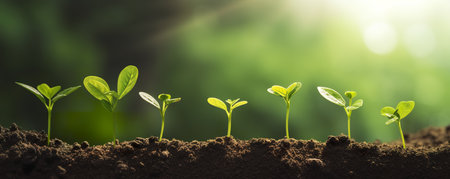 Seven young plants, various sizes, sprout from rich soil. Sunlight highlights their vibrant green leaves against a blurred green backdrop. Growth and renewal.の写真素材